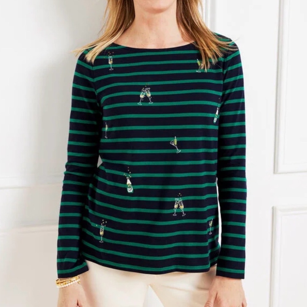 Talbots cheers cocktail embroidered long sleeve striped cotton large petite